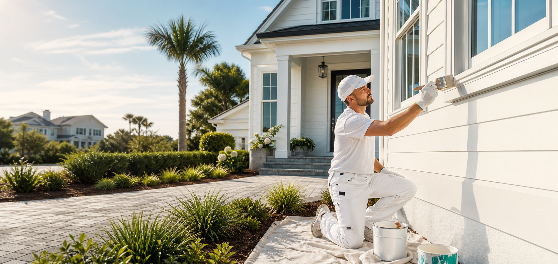 Professional exterior house painting on a coastal Florida home